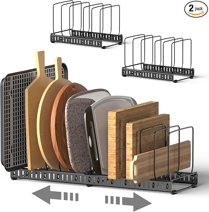 2PACK Cutting Board Organizer, Adjustable Divider Cutting Board Holder with Anti-slip Pads, Kitchen Cabinet Organizer for Baking Cookie Sheet Pan Bakeware Cookie, Black, Large-Size