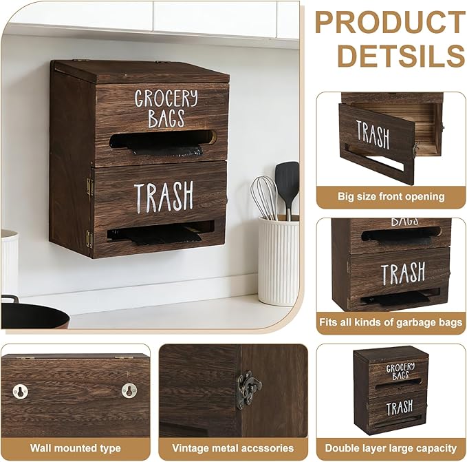 2 in 1 Trash Bag Dispenser, Double Wall Mounted,Wood Trash Bag Holder, used in kitchen, garage, laundry room, can store Environmentally friendly food bags and garbage bags(Dark Wood