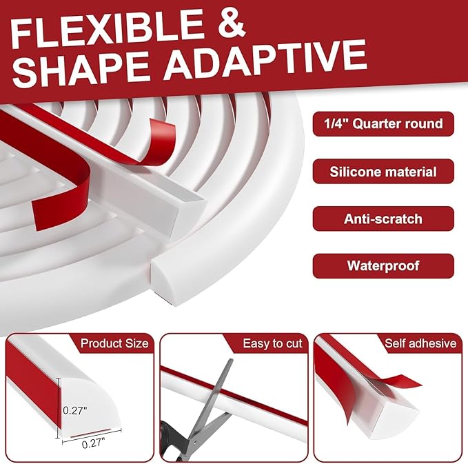 0.25" x 0.25" Slim Quarter Round Molding,20FT Self Adhesive Flexible Trim for Small Gaps, Countertop Wall Seam, Window Sill, Desk & Cabinet Edge, Peel and Stick Finishing Strip