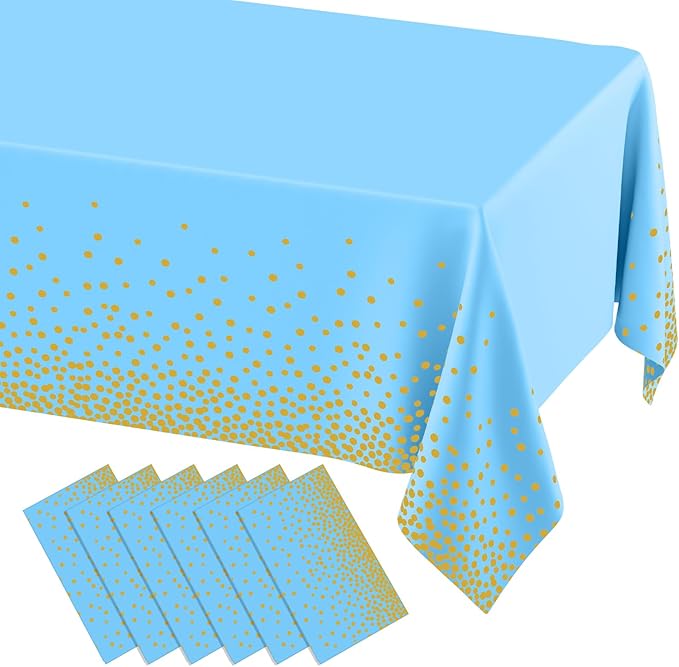 misaya 6 Packs Dot Disposable Table Cloth, 54 x 108 Inch Waterproof Plastic Tablecloth, Rectangle Gold Dots in Light Blue Table Covers for Picnic, Birthday, Party