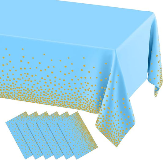 misaya 6 Packs Dot Disposable Table Cloth, 54 x 108 Inch Waterproof Plastic Tablecloth, Rectangle Gold Dots in Light Blue Table Covers for Picnic, Birthday, Party