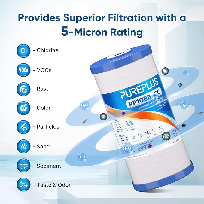 PUREPLUS 5 Micron 10" x 4.5" Whole House FXHTC Sediment and Carbon Water Filter Replacement Cartridge for GXWH40L, GXWH35F, GNWH38S, RFC-BBSA, WRC25HD, PP10BB-CC, RFC-BB, WFHD13001, 4Pack