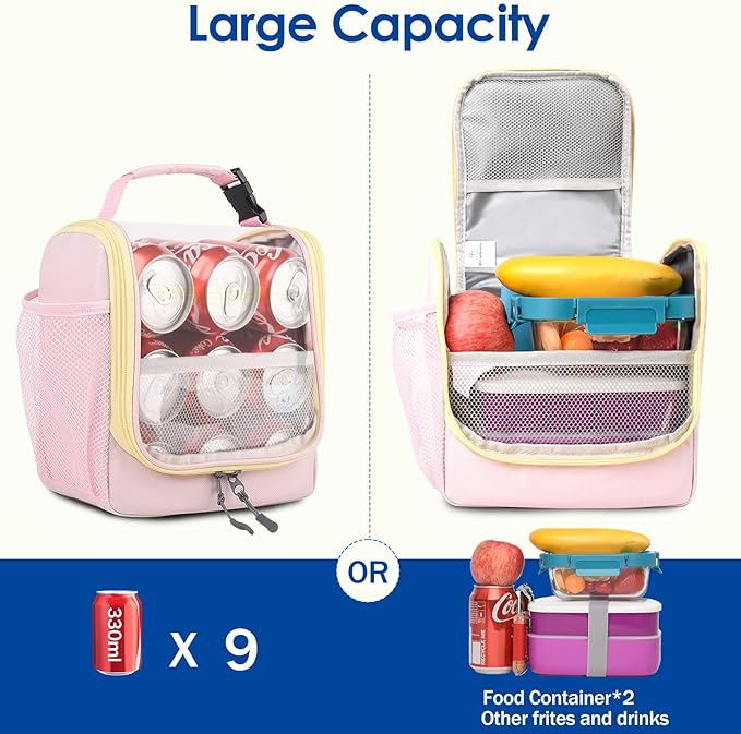 Genteen Kids Lunch Box, Insulated Lunch Bag for Kids, Toddler, Girl, and Boy; Holds Lunch Box, Water Bottle, & Snacks; Easy-Clean Water-Resistant Fabric & Multiple Zippered Pockets (Pink)