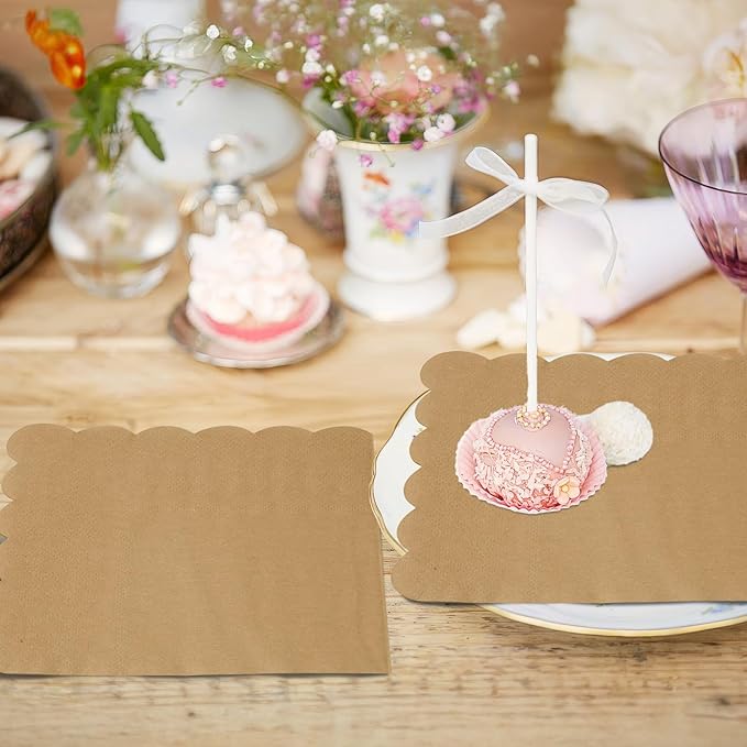 100 Pcs Cocktail Napkins, 2-Ply 5 x 5 Inches Disposable Scalloped Napkins, Thick Premium Dessert Napkins for Party, Wedding, Dinner, Birthday, Anniversary, Festival (Brown)