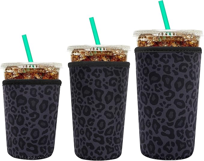 YR Reusable Neoprene Insulator Sleeve for Iced Coffee Cups, 3 Pack Coffee Coolies sleeves for Iced & Hot Drinks, Cold Beverage Cooler Compatible with Starbucks Coffee and More (Black Leopard Print)
