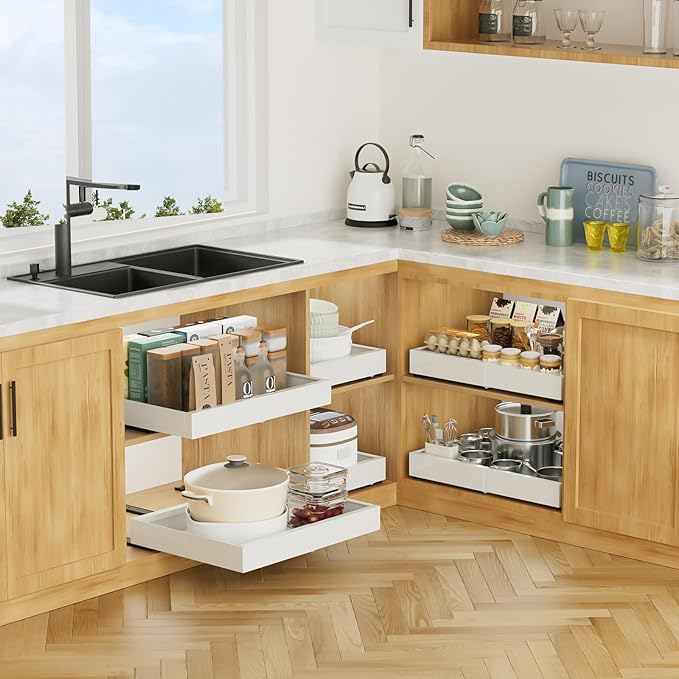1 Pack Expandable Pull Out Cabinet Organizer 21"Deep, Adjustable Width 12.2"-20.4" Slide Out Drawers & Roll Out Shelves for Kitchen Cabinets, Easy Install with Double-Sided Adhesive, White