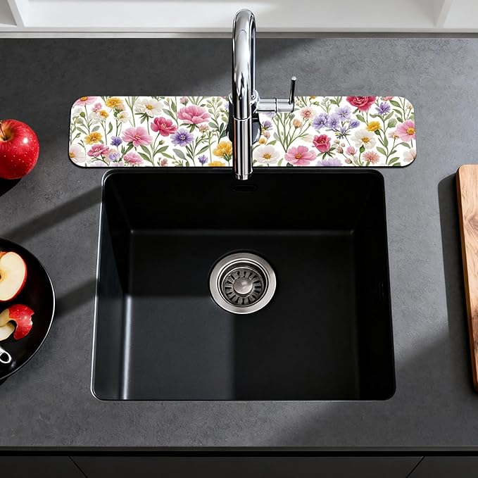 2 Pcs Kitchen Sink Splash Guard Faucet Mats Colorful Watercolor Flowers and Plants Pattern Faucet Mat for Sinks Absorbing Drying Mat for Kitchen Bathroom, 23.6x5.5inch
