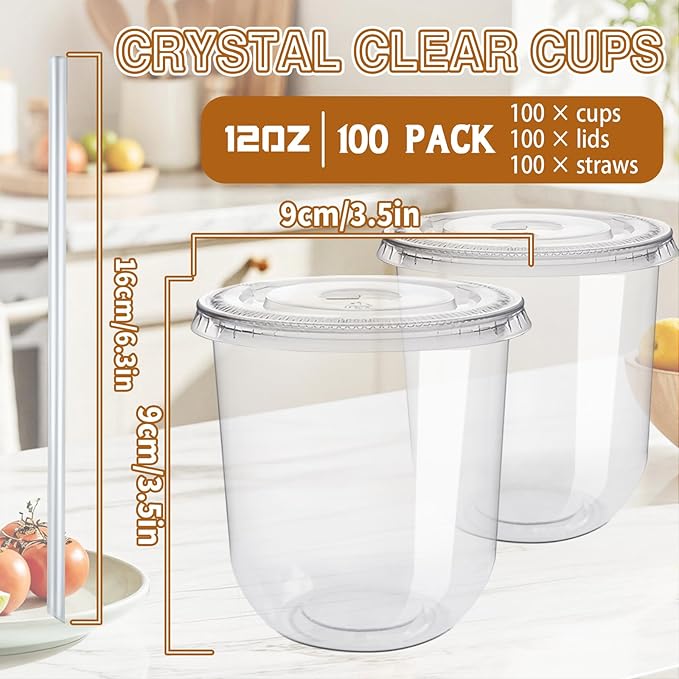 Alaeseje 100 Pack Clear Plastic Cups with Lids and Straws,12 oz Disposable Iced Coffee Cups,PET Crystal Cups,Round Bottom To Go Cup for Iced Coffee Juice Smoothie Cold Beverage