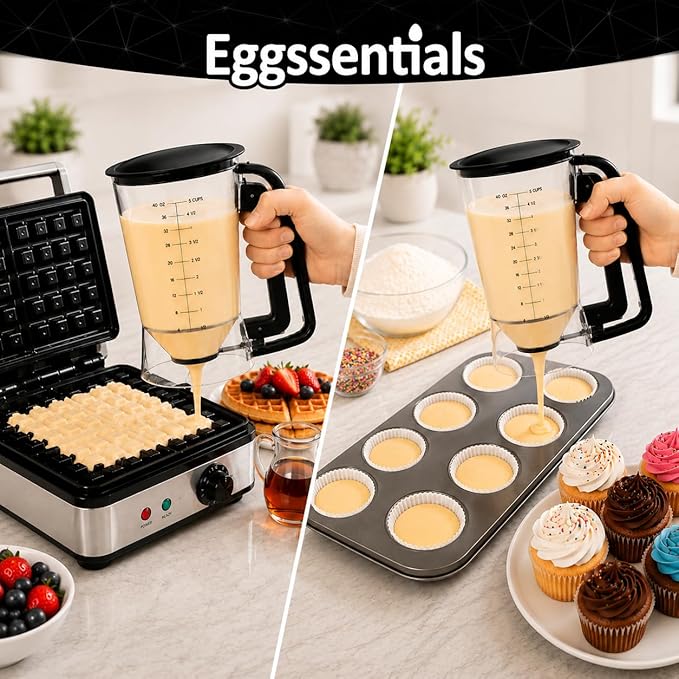 Eggssentials - Pancake Batter Dispenser with 5-Cup Capacity - Waffle Batter Dispenser for Pancakes, Cupcakes & Crepes, Easy-Squeeze Handle, Dishwasher Safe - Black Pancake Dispenser
