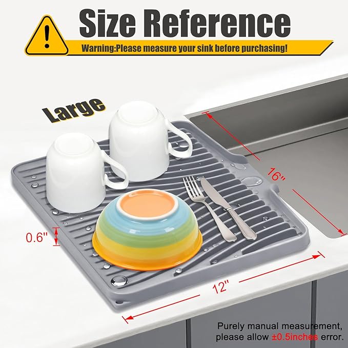 Silicone Dish Drying Mat for Kitchen Counter, Dish Drying Pad, Non-Slip Drain Pad with Built-in Drain, Heat Resistant Stone Drying Mat(16" x 12", Grey)