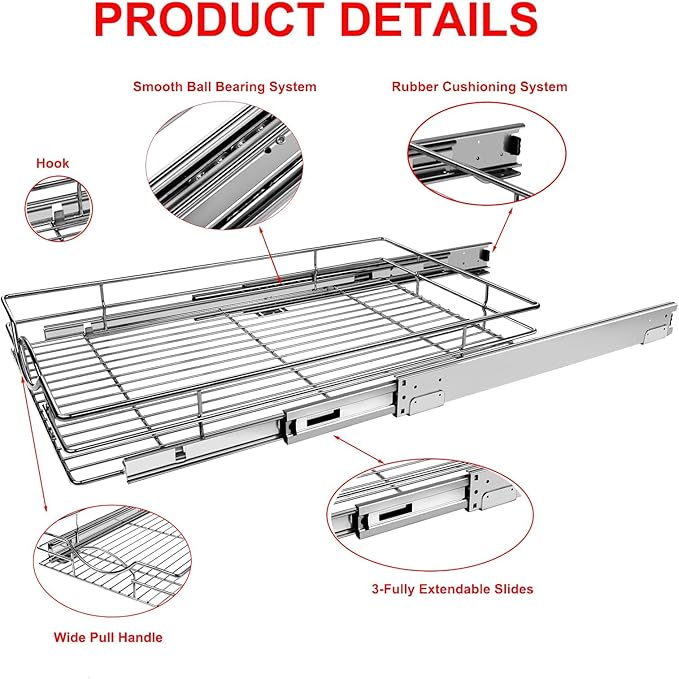 Sikarou Pull Out Cabinet Organizer, Heavy Duty Kitchen Cabinet Pull Out Shelves, Slide Out Wire Basket for Kitchen Cabinets, Bathroom, Pantry, Chrome Finish (11 * 17 in)