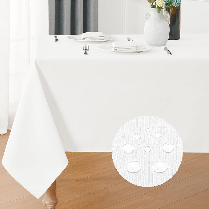 Veblandy Rectangle 4 Feet Tablecloth 60x84 inch Linen Textured Table Cloth Stain and Wrinkle Resistant Washable Polyester, Decorative Table Cover Waterproof for Dining, Buffet and Camping, White