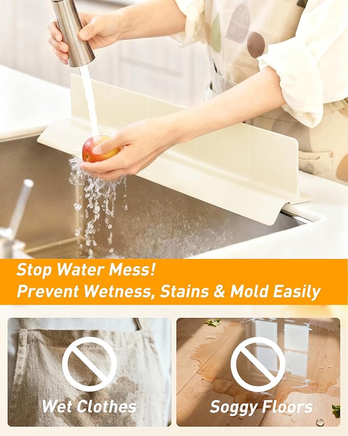 Kitchen Sink Splash Guard 23" Silicone Water Guard with Strong Suction Cups, Faucet & Countertop Protector, Bathroom & Sink Edge Splash Guard Strip, Easy Install, Dishwasher Safe-Cream