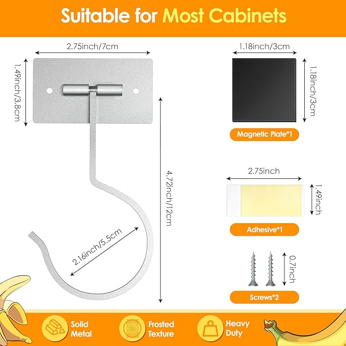 Self Adhesive Banana Hook Under Cabinet Foldable Banana Hanger Metal Under Counter Banana Hook to Keep Bananas Fresh Banana Holder for Kitchen RV Space Saving, Silver
