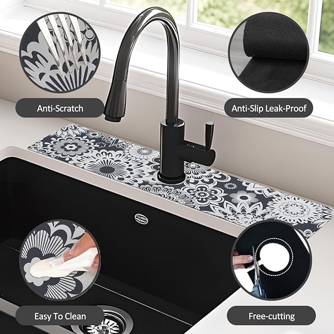 24" X 5.5" Kitchen Sink Splash Guard Faucet Mat Mandala Super Absorbent Fast Drying Faucet Guard & Draining Mat Sink Splash Guard Behind Faucet for Kitchen, Bathroom