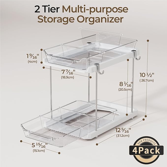 Delamu Under the Sink Organizer, 2-Tier Pull-Out Cabinet Drawers with Adjustable Shelf & Hooks, Under Sink Cabinet Organizer for Bathroom, Kitchen, Vanity & Every Household (White, 4 Pack)