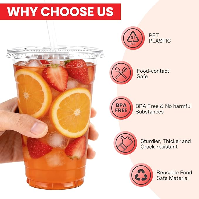 100 Pack 24 oz Plastic Cups with Lids and Straws, Clear Disposable Plastic Cups, Heavy Duty Iced Coffee Cups with Leak-Resistant Lids, Cold Drink Cups for Smoothies, Juice, Soda & Party To Go