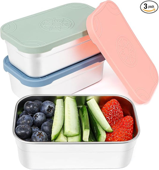 Caperci 3-Pack Large Stainless Steel Snack Containers with Silicone Lids - 15oz Reusable Small Food Storage Deli Containers for Snacks & Meal Prep, Leak-Proof, Easy Open & BPA-Free (440ML)