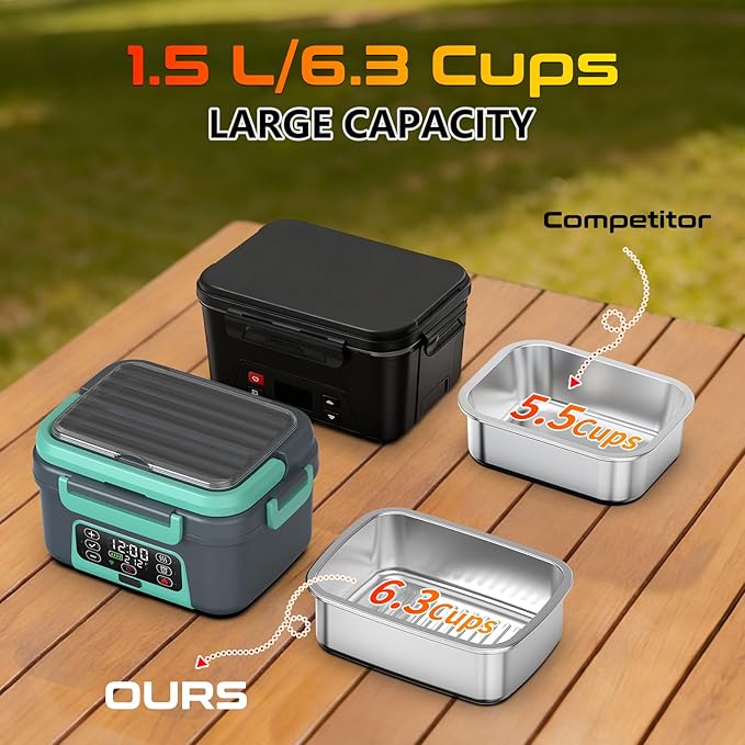 Cordless Electric Heated Lunch Box, XL 6.3Cups Rechargeable Food Warmer Lunch Box with Self Heating, Smart Timer, Adjustable Temperature, Leakproof, BPA Free, Removable Divider Dark Gray