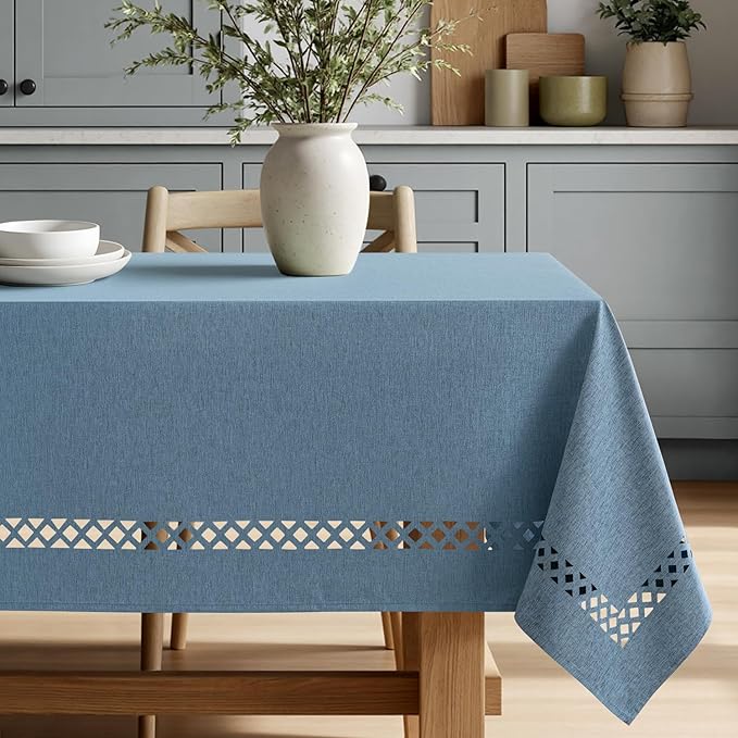 MIULEE Dusty Blue Rectangle Linen Polyester Tablecloth with Decorative Cutouts Waterproof Stain Resistant & Shrink-Proof Table Cloth 60x84 inch Farmhouse Style for Dining Wedding Party