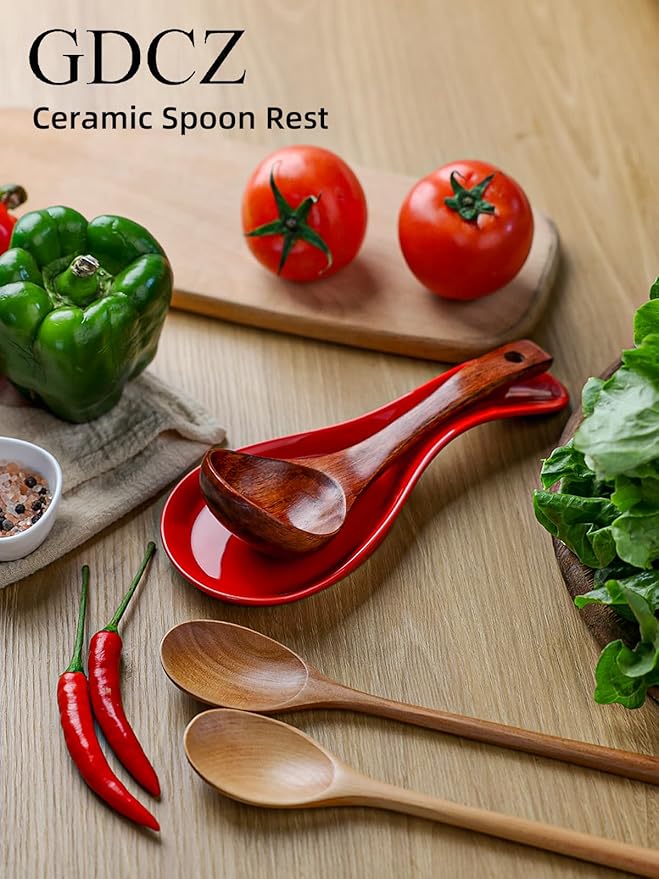 GDCZ Porcelain Spoon Rest - Large Spoon Holder Utensil Rest for Kitchen Counter Stove Top, Dishwasher Safe (Red)