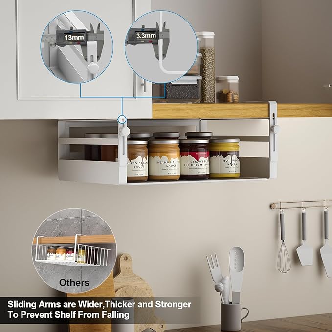 AmonHouseware 2 Pack Under Shelf Storage Basket Organizer,Adjustable Hanging Under Cabinet Add-on Storage Racks Slide-in Baskets Organizer for Laundry Room Kitchen Pantry Desk Bookshelf, White