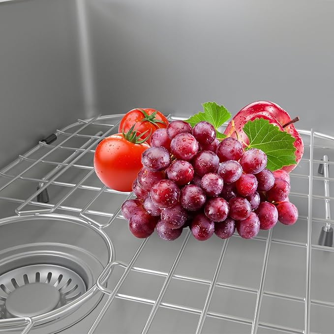 Sink Protector Grid 26-1/16" x 14-1/16", Rear Drain with Corner Radius 3-1/2", 304 Stainless Steel Material Sink Bottom Grid for Single Bowl Sink, Premium Sink Rack