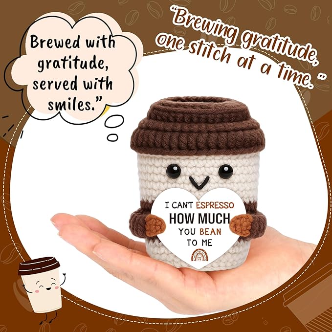 OCCdesign Mini Appreciation Gift for Women Men Wife Husband Moms Dads Teachers Nurses Handmade Crochet Coffee Cup for Coffee Lovers Thank You Gift for Birthday Teachers Day Office Desk Decor