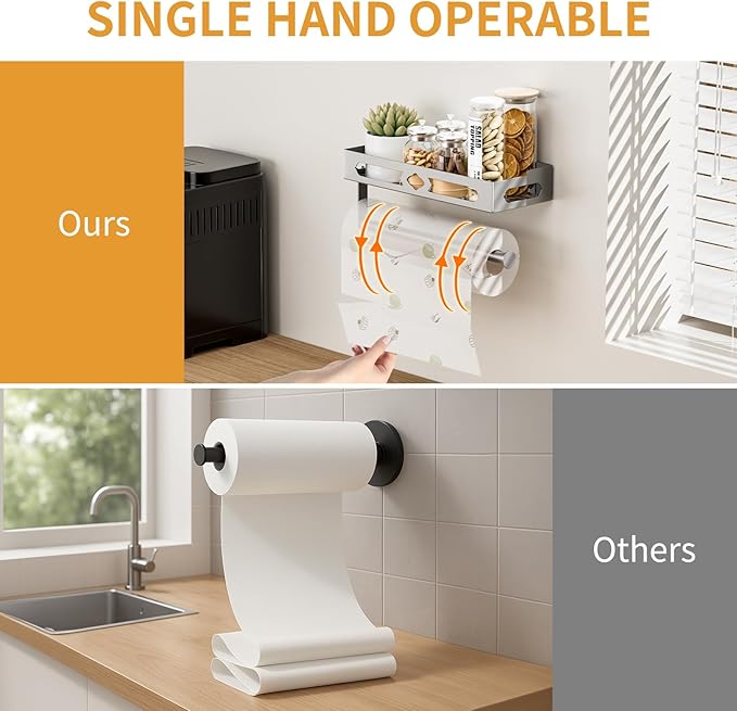 Stylish Kitchen Paper Towel Holder with Shelf - Adhesive Hand Towel Holder for Bathroom Wall Mount, Rust-Resistant Matte Grey Finish for RV Toilet Paper Holder Rack, Easy One-Handed Operation Design