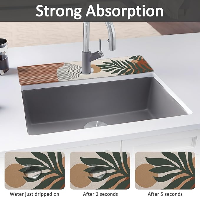 2PCS 24" X 5.5" Kitchen Sink Splash Guard Faucet Mat Boho Super Absorbent Fast Drying Faucet Guard & Draining Mat Sink Splash Guard Behind Faucet for Kitchen, Bathroom