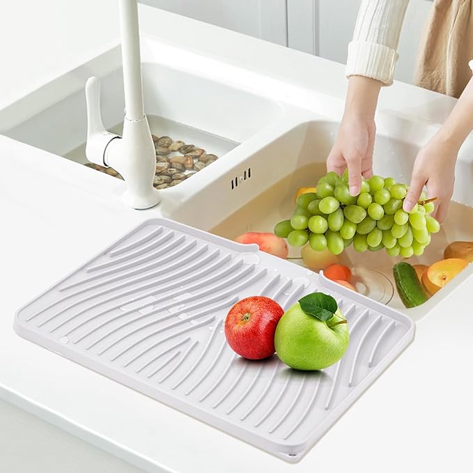 Silicone Dish Drying Mat, Stone Drying Mat for Kitchen Counter with Built-In Drain, Non-Slip Drain Pad with Built-in Drain, Heat Resistant Stone Drying Mat, Hangable, White-2pcs, 16" x 12"