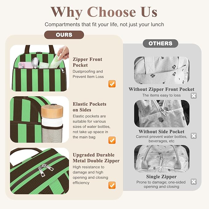 KUBYA Lunch Bag Lunch Box for Women, Cute Corduroy Insulated Reusable Work Leakproof Simple Adults Large Lunch Boxes Tote Bag Men Cooler Bag