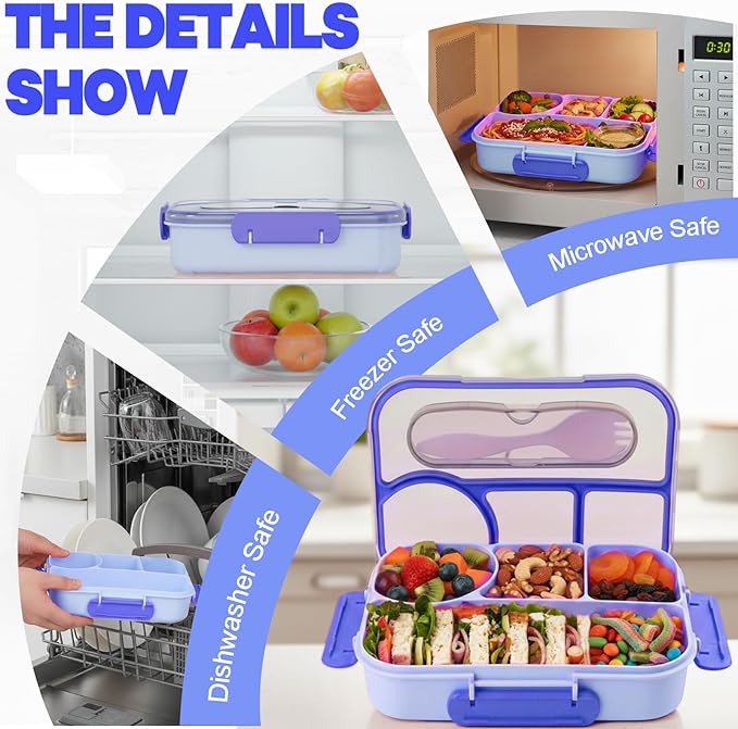 Bento Box for Adults,4 Compartments Lunch Box, Snack Containers Reusable Lunch Containers Drop-Proof, Dishwasher Safe & Made with BPA-Free Materials, Blue