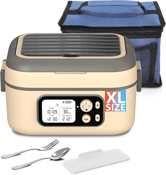 Cordless Electric Heated Lunch Box, XL 6.3Cups Rechargeable Food Warmer Lunch Box with Self Heating, Smart Timer, Adjustable Temperature, Leakproof, BPA Free, Removable Divider Yellow