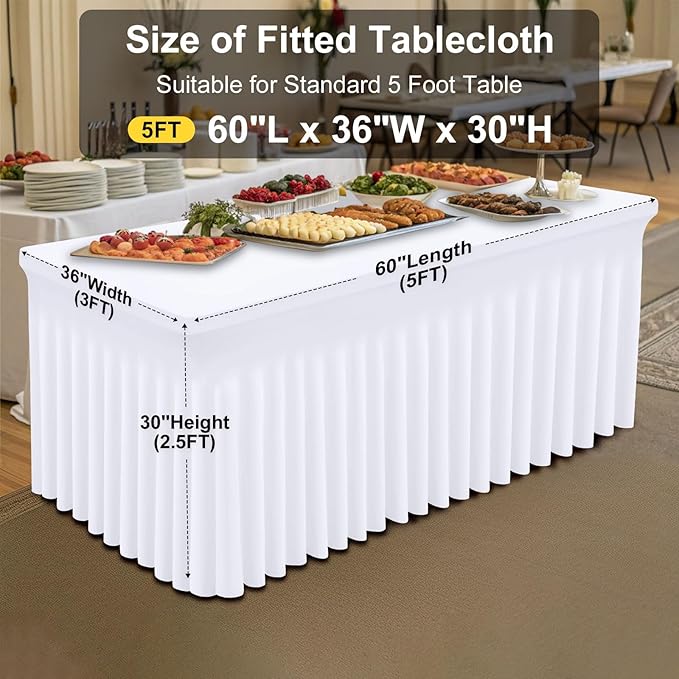 Smiry Spandex Tablecloth 2 Pack, Elastic Fitted Stretch Tablecloth for 5FT Rectangle Tables, Waterproof Washable Table Cover Skirt for Outdoor, Wedding, Banquet & Parties (White, 60Lx36Wx30H Inch)