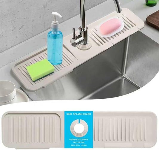 24" Longer Silicone Splash Guard, 5 Slope Design Faucet Water Catcher Mat, Handle Drip Catcher Tray Mat for Kitchen Countertop Bathroom Sink Protectors (Beige White)