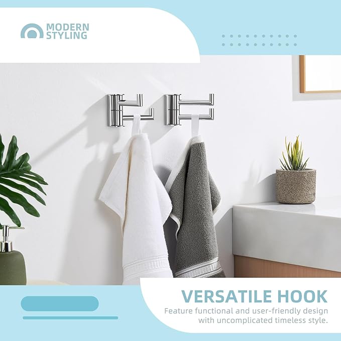 Angle Simple Swivel Hook for Towel Polished Chrome 2 Pack, 304 Stainless Steel Bathroom Towel Double Hook for Wall