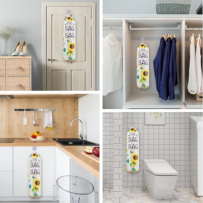Plastic Bag Holder, Sunflower Kitchen Dispenser Holders Reusable Washable Trash Garbage Bag Holder with Drawstring Closure for Home Kitchen Pantry Groceries Store Decor