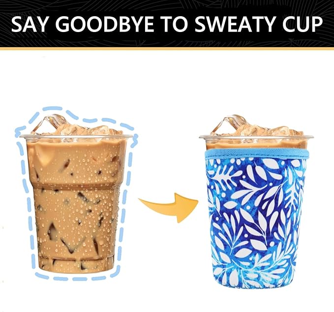 YR Reusable Neoprene Insulator Sleeve for Iced Coffee Cups, 3 Pack Coffee Coolies sleeves for Iced & Hot Drinks, Cold Beverage Cooler Compatible with Starbucks Coffee and More (Blue Leaves)