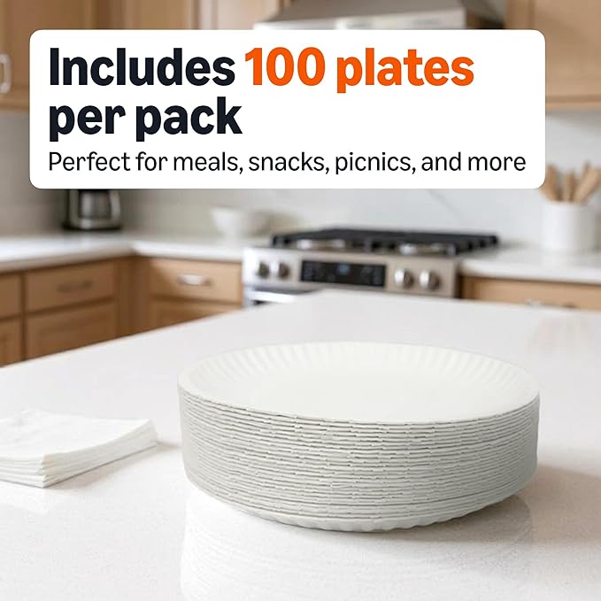 Amazon Basics 9" Uncoated White Paper Plates, Microwave Safe, Commercially Compostable, 1200 Count (Pack of 12)