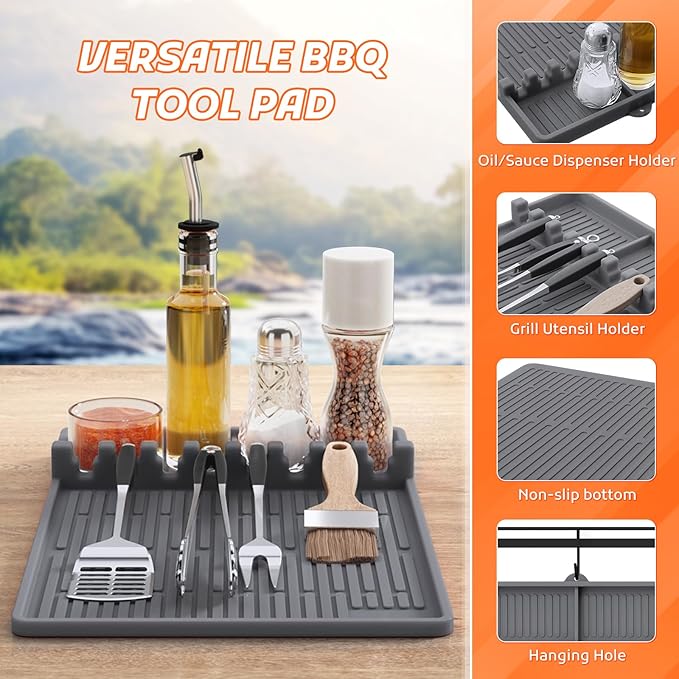 MealHelper Silicone Griddle Tools Mat Compatible with Blackstone Griddles, Grill Mat for Outdoor Grill Side Shelf with Seasoning Jar Holders, BBQ Tool Rest, Grey