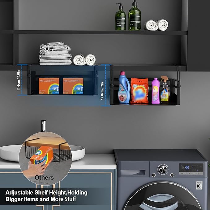 AmonHouseware 2 Pack Under Shelf Basket Organizers,Adjustable Hanging Under Cabinet Add-on Storage Racks Slide-in Baskets Organizer for Laundry Room Kitchen Pantry Desk Bookshelf, Black