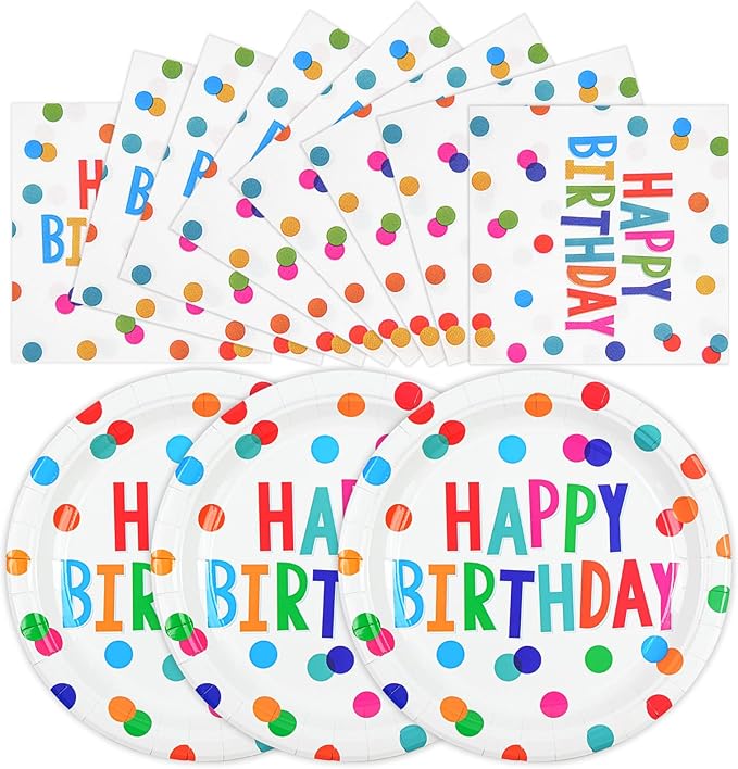 50PCS Birthday Plates and Napkins Party Decorations, 7inch Colorful Dots Happy Birthday Dessert Plates Cake Plate Disposable Paper Tableware Dinnerware Set for Birthday's Party Supplies