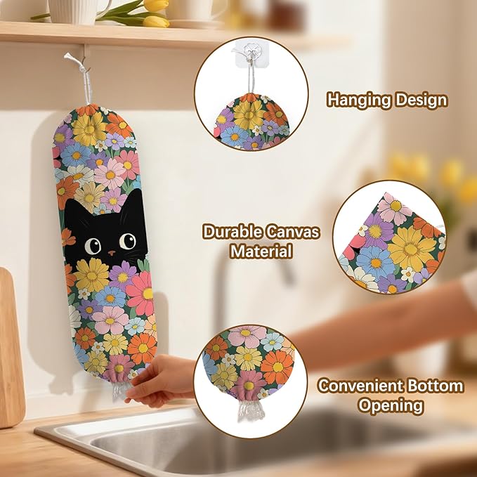 Floral Cat Plastic Bag Holder Dispenser, Plastic Grocery Bag Organizer & Wall Mount Paper Trash Bags Saver Storage for Kitchen Home Pantry Decor, Cat Kitchen Decor Shopping Bags Storage Dispenser
