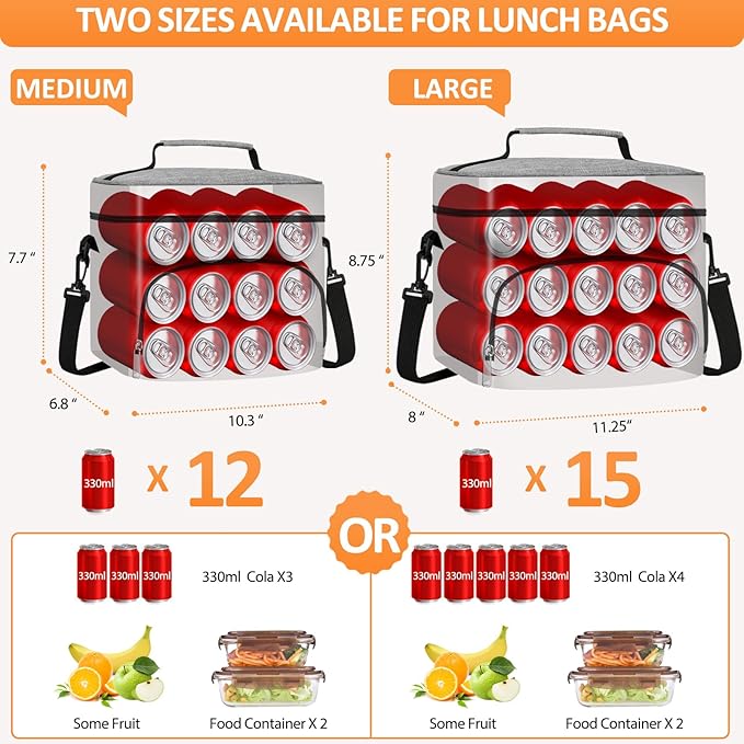 Vankor Large Insulated Lunch Bag for Men Women kids, Reusable Lunch Box kids Leakproof with Adjustable Shoulder Strap for Work Teacher School Picnic Beach Travel, Cationic Light Grey