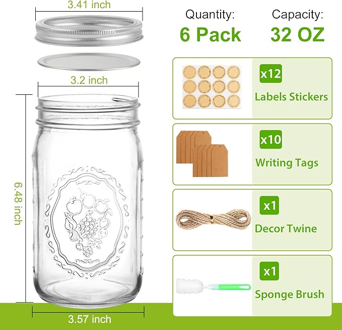 Wide Mouth Mason Jars 32 oz, 6 Pack Quart Canning Jars with Airtight Lids and Bands, Clear Glass Mason Jars for Canning, Pickling, Preserving, Meal Prep
