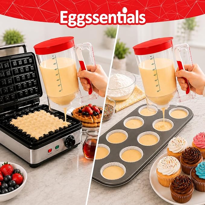 Eggssentials Pancake Batter Dispenser - Batter Dispenser with Squeeze Handle for Cupcakes - Pancakes - Cookie Cakes - Waffles - and Biscuit Separation.