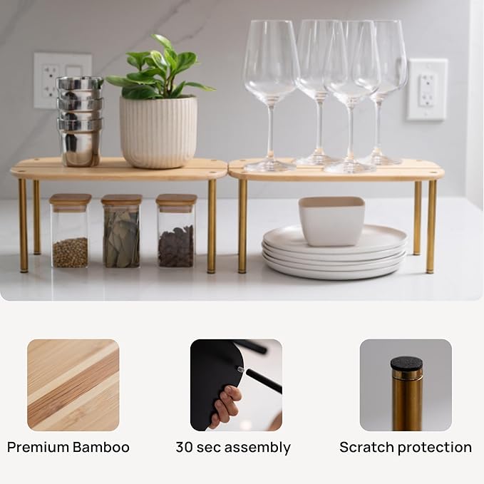 Ibyx Premium Kitchen Cabinet Organizer Shelf - Set of 2 Kitchen Counter Shelves - Stackable Shelf Racks for Cabinets - Bamboo Top with Metal Legs (Natural)