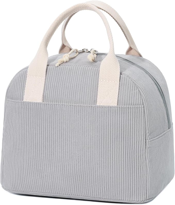 LOVELYWIND Insulated Lunch Bag for Women Men, Stylish Corduroy Tote Bag with Aluminum Lining, Large Capacity Reusable Cooler for Work, Travel, or Beach, Cloud Gray Lunch Box