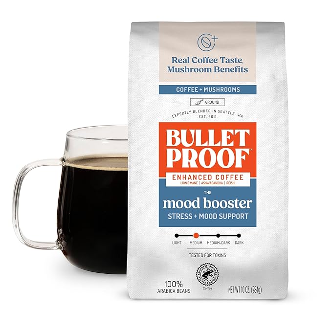 Bulletproof Mood Booster Mushroom Coffee Grounds with Lion's Mane, Ashwagandha & Reishi, Medium Roast for Focus & Mood Support, 10 oz